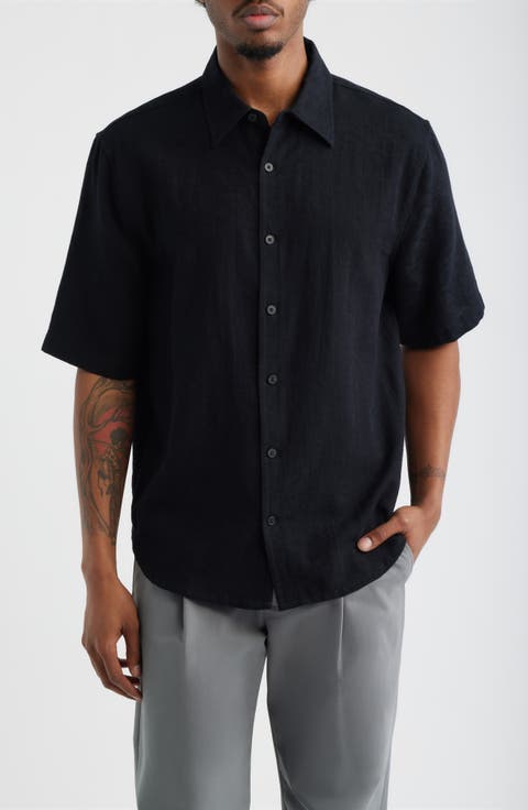 Dune Oversize Short Sleeve Wool Blend Jacquard Button-Up Shirt