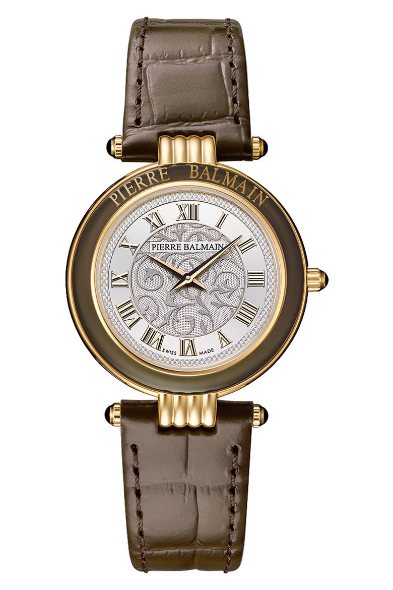 Haute Elegance Leather Strap Watch, 30mm, Main, color, STAINLESS STEEL WITH BROWN