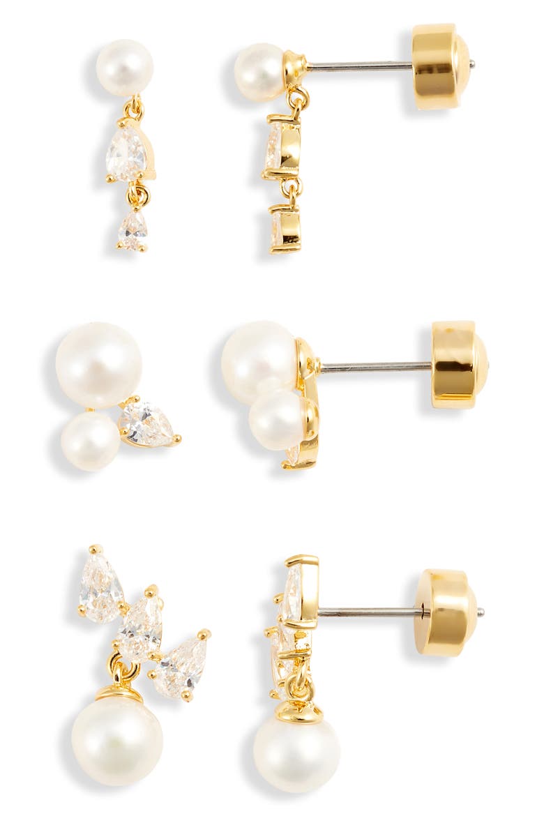 Set of 3 Faux Pearl & Cubic Zirconia Earrings, Main, color, WHITE- CLEAR- GOLD