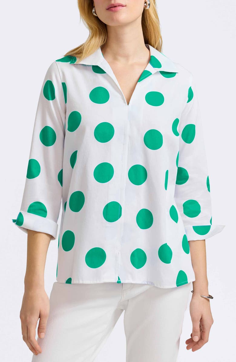 Foxcroft Agnes Dot Print Three-Quarter Sleeve Cotton Popover Top, Main, color, White/ Green
