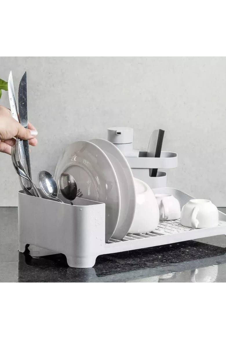 Kitchen Sink Organizer Set 3-Piece, Dish Rack, Cutlery Drainer & Soap Dispenser with Sponge Holder, Durable Compact, Alternate, color, White