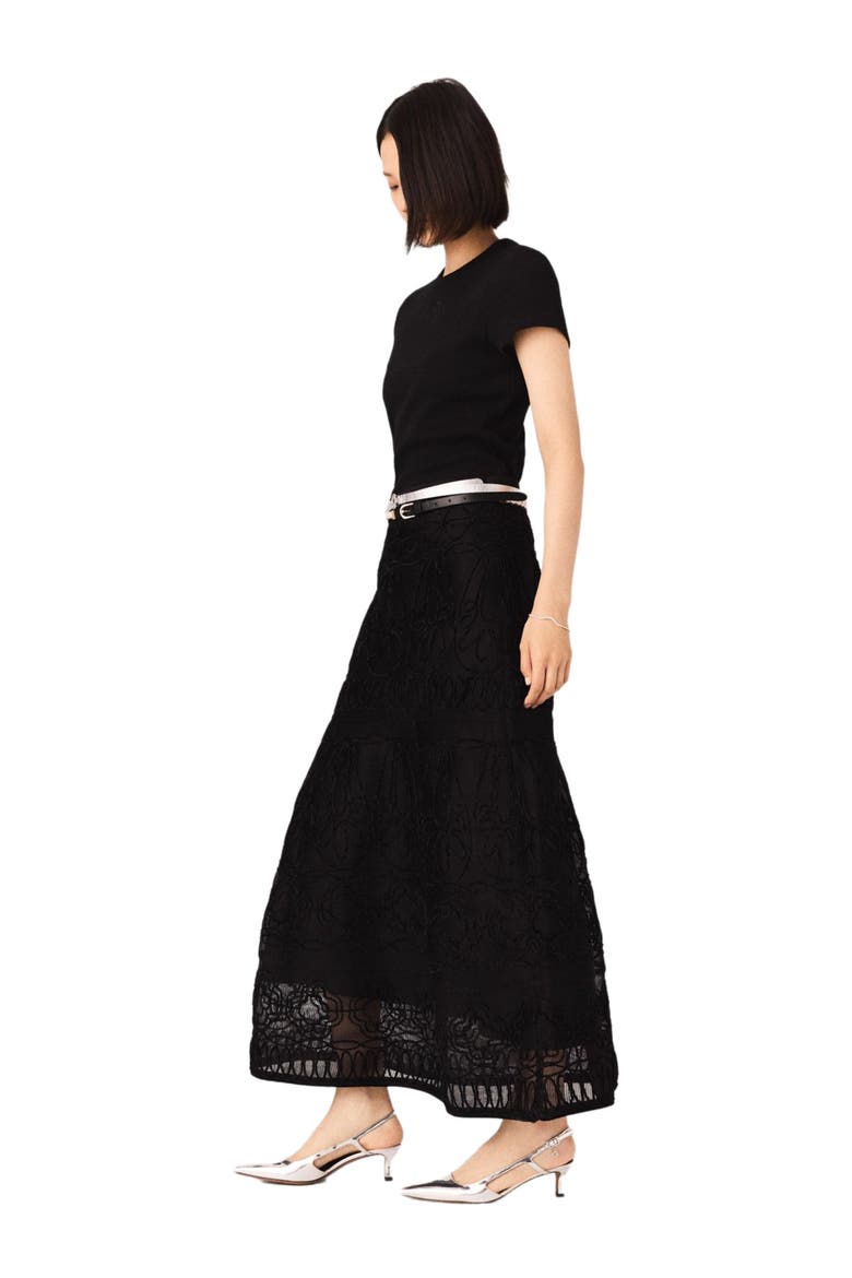 Embroidered basket-weave knit skirt, Alternate, color, Black