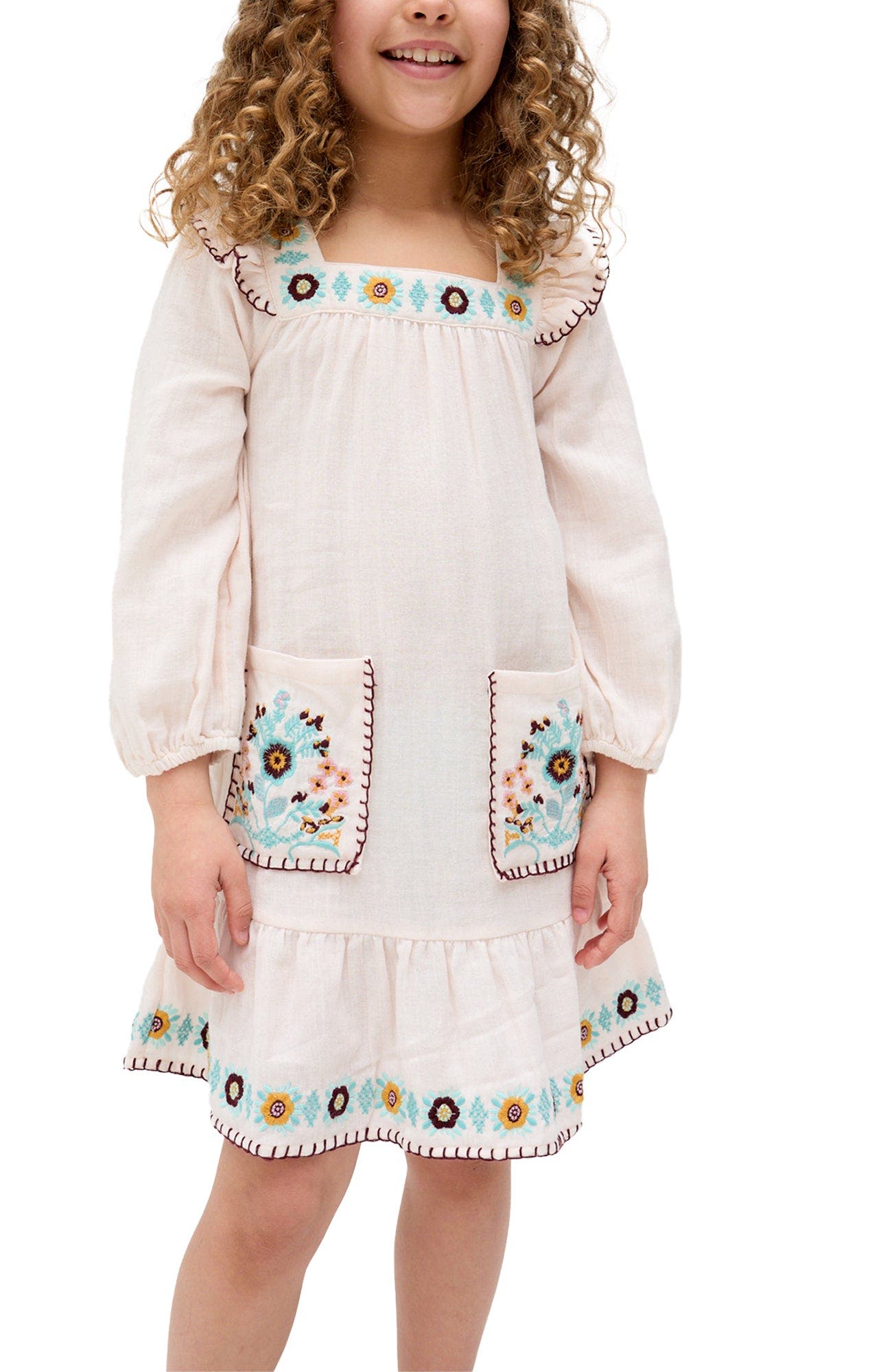 Raffya Kids Lisa Square Neck Embroidered Dress in Ecru 