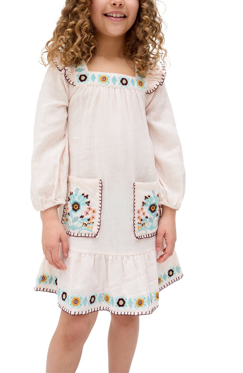 Raffya Kids Lisa Square Neck Embroidered Dress, Main, color, Ecru