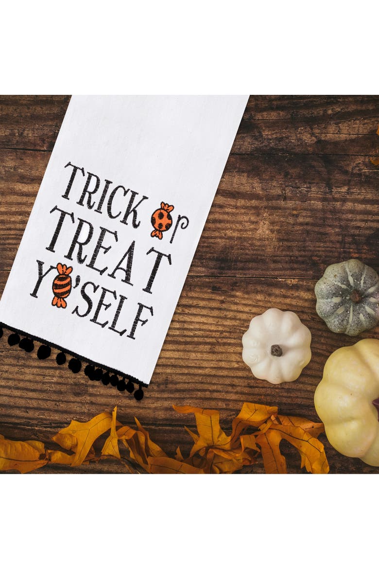 Treat Yo'self Halloween Embroidered Cotton Flour Sack Kitchen Towel With Pom Poms Decor Decoration Decor, Alternate, color, White
