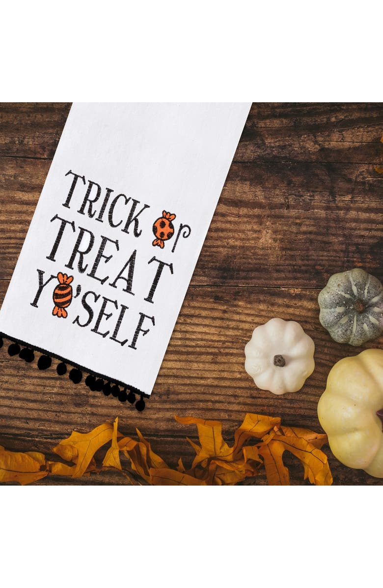 C&F Home Treat Yo'self Halloween Embroidered Cotton Flour Sack Kitchen Towel With Pom Poms Decor Decoration Decor, Alternate, color, White