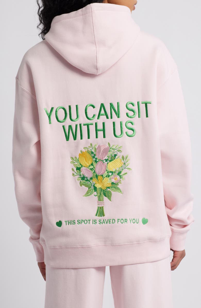 HAPPY CAMP3R Sit with Us Embroidered Graphic Hoodie, Alternate, color, Blush Pink