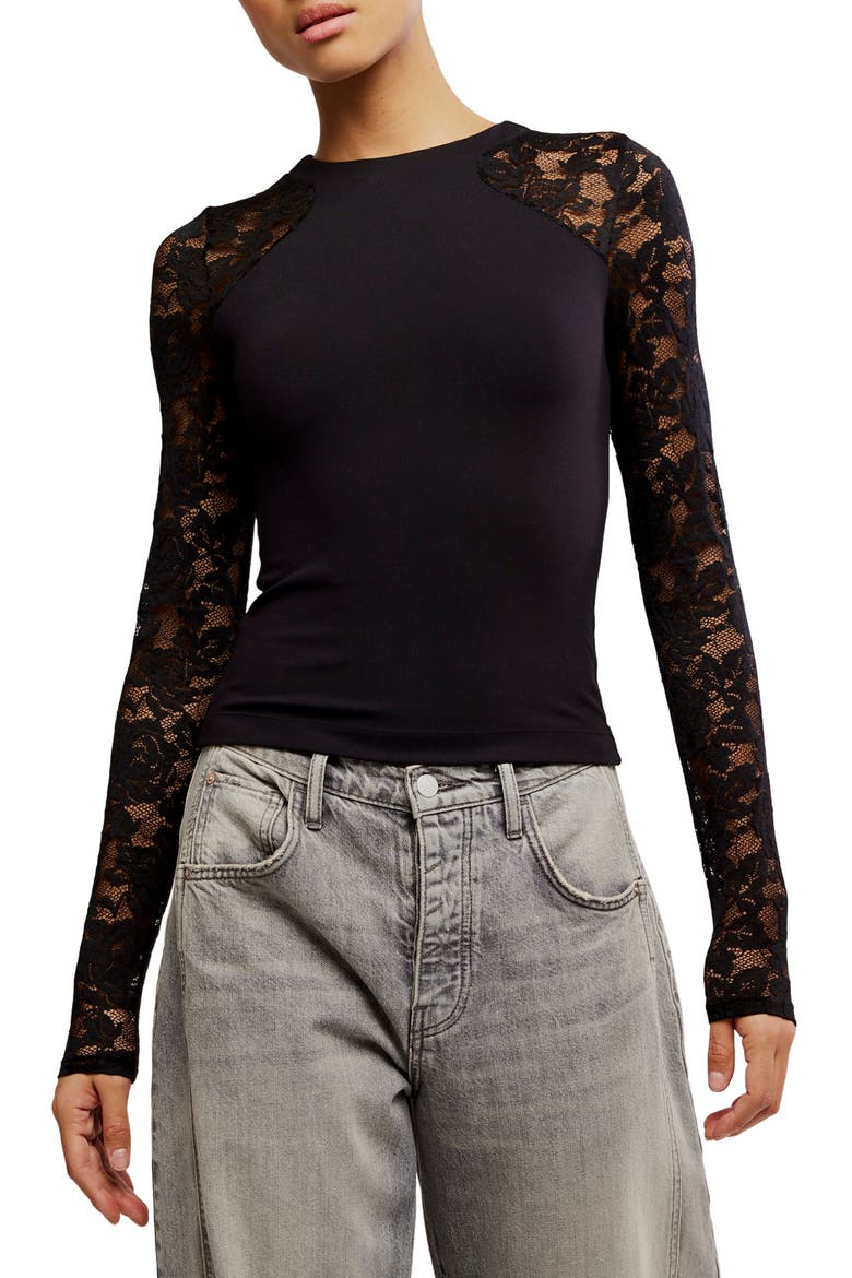 No Excuses Lace Sleeve Top, Main, color, BLACK
