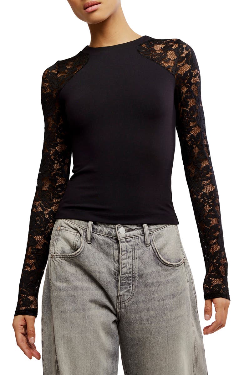 Free People No Excuses Lace Sleeve Top, Main, color, Black