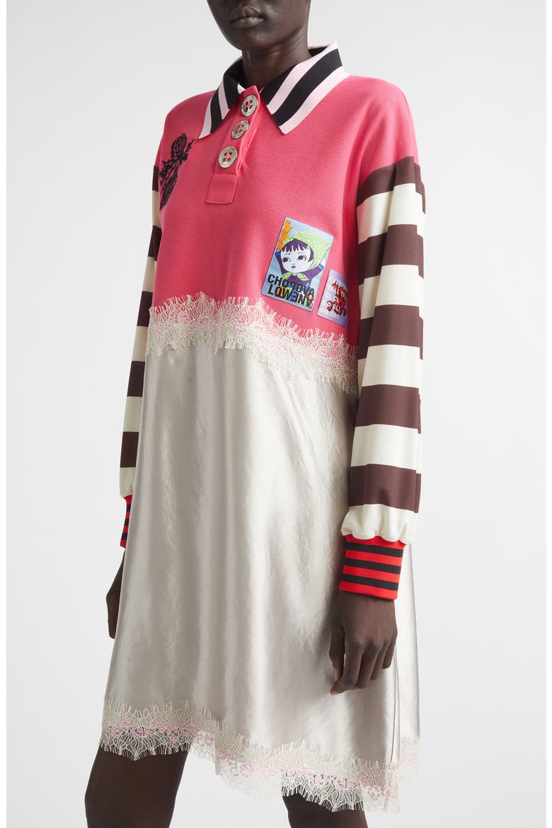 Long Sleeve Piqué & Satin Polo Dress, Alternate, color, PINK MULTI
