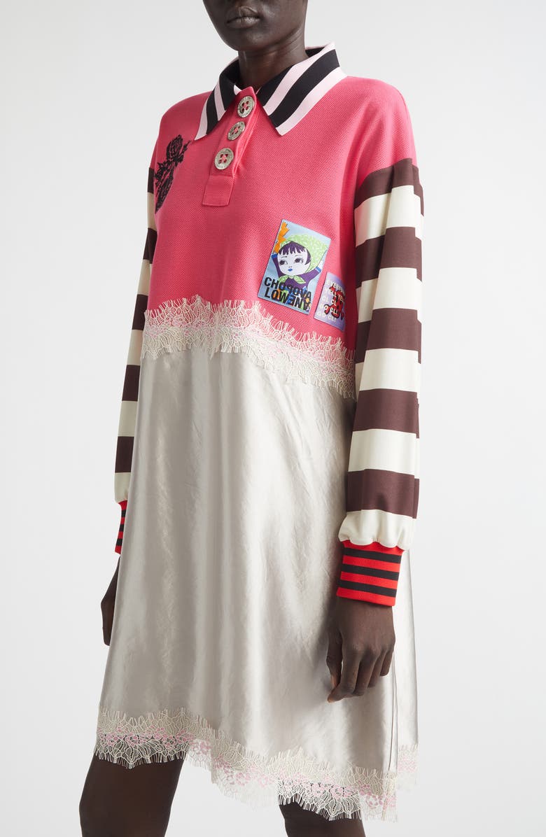 Chopova Lowena Long Sleeve Piqué & Satin Polo Dress, Alternate, color, Pink Multi