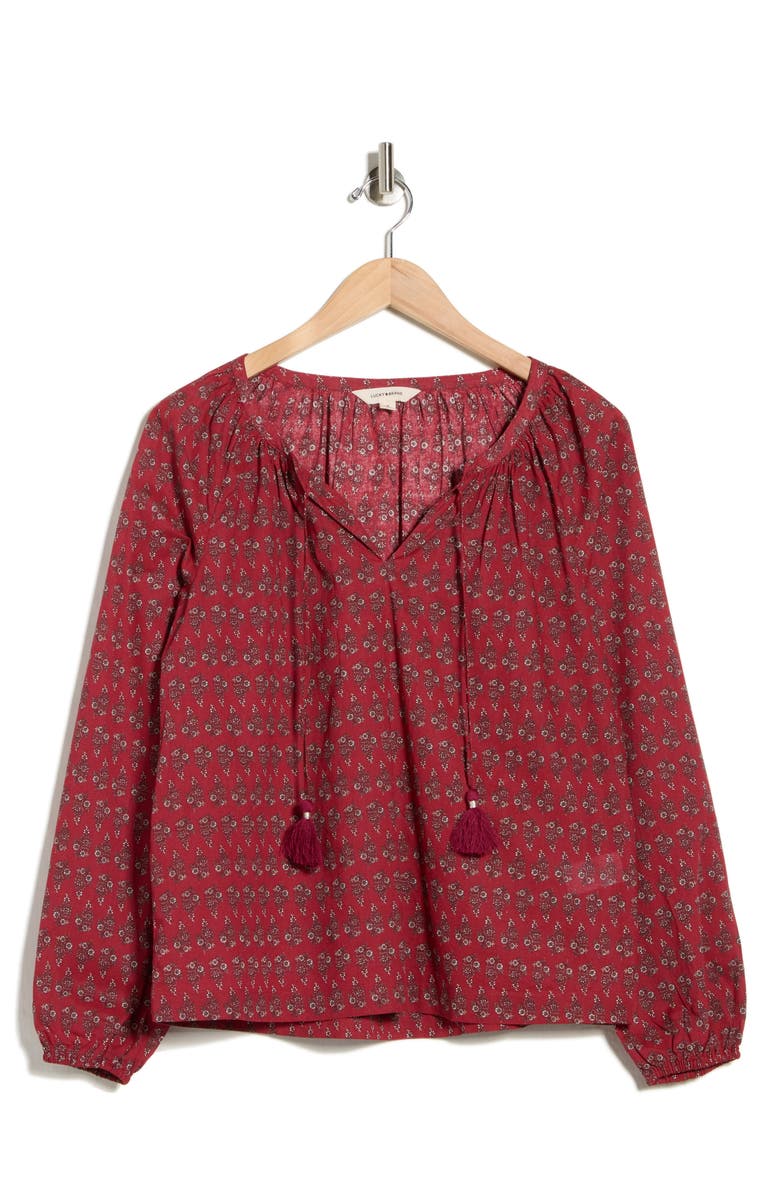 Lucky Brand Tassel Tie Neck Cotton Top, Alternate, color, Red Floral