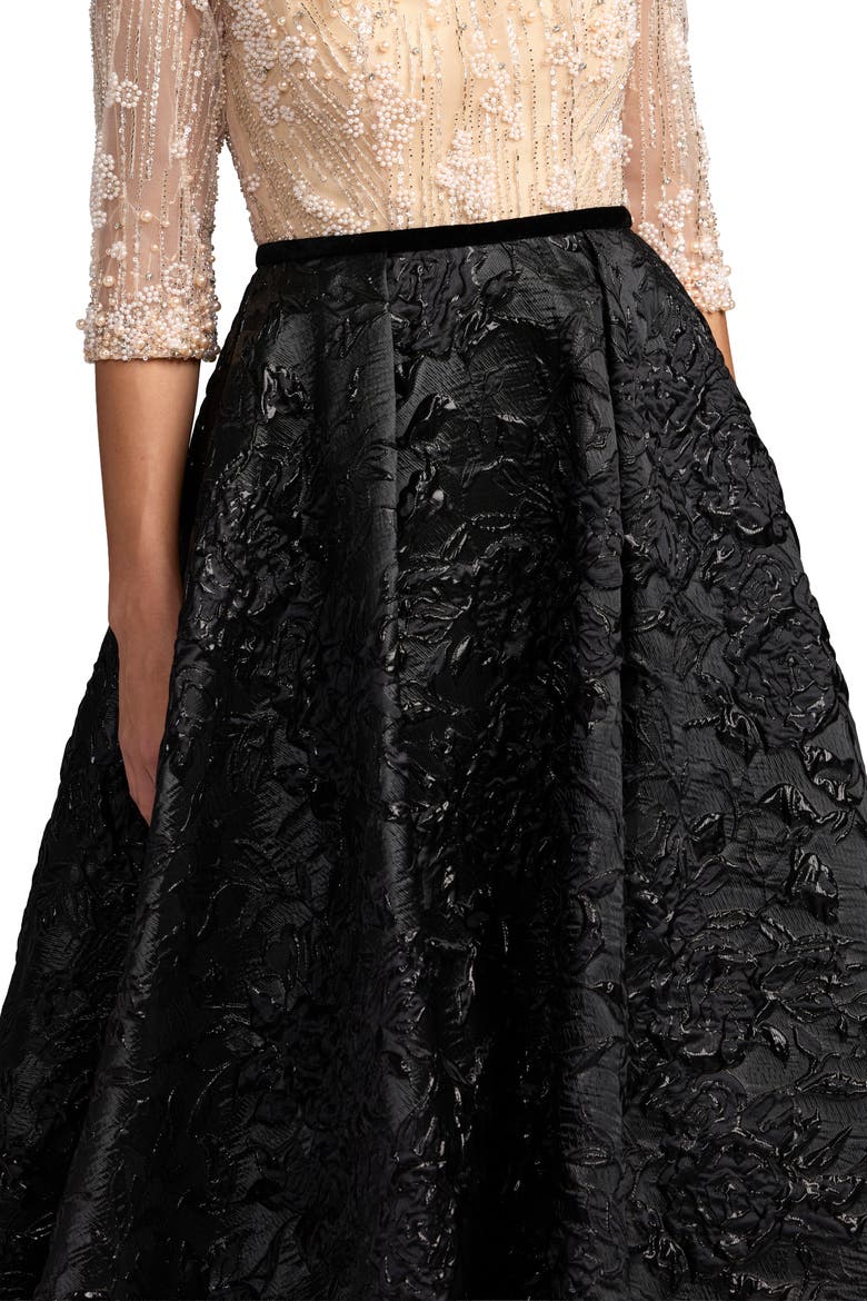 Embellished Brocade Gown With 3/4 Sleeves, Alternate, color, Beige Black