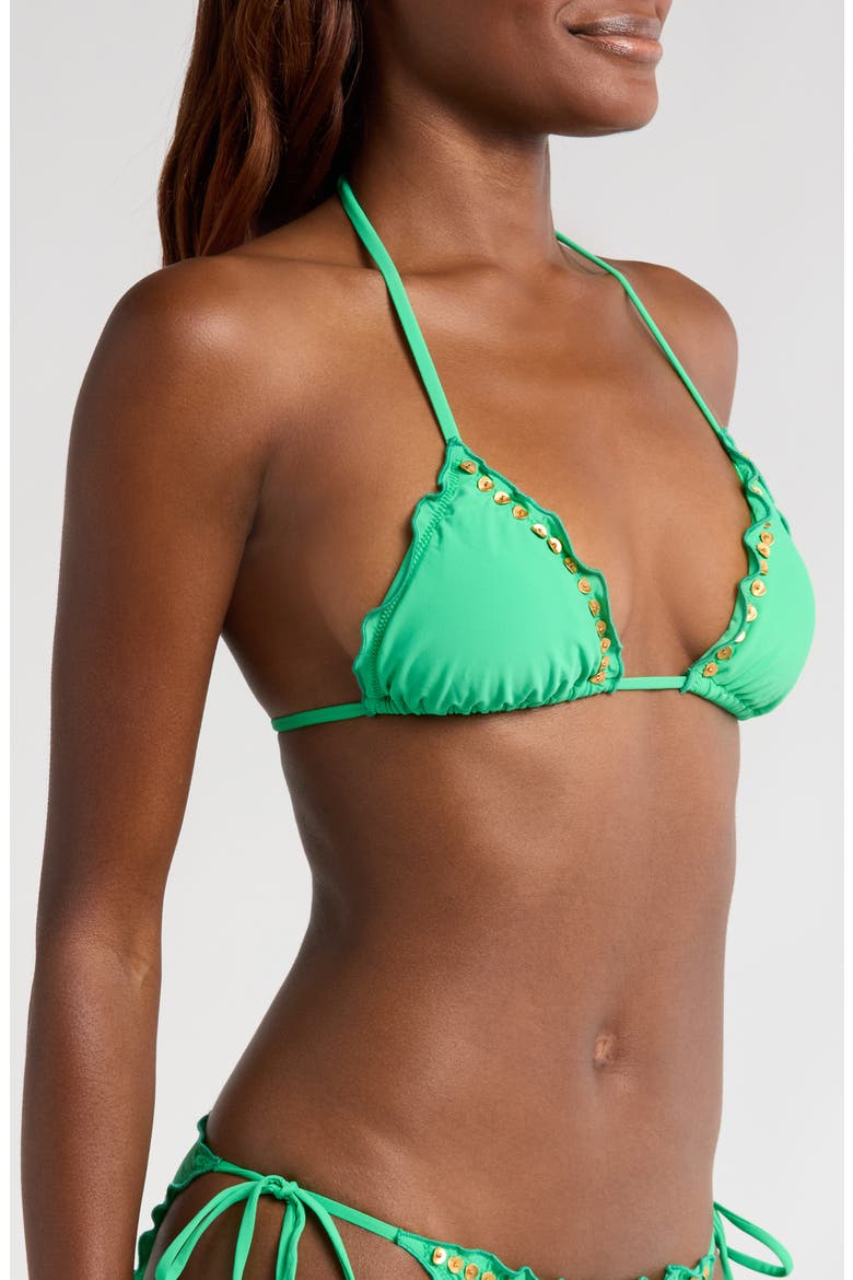 Beaded Lettuce Edge Triangle String Bikini Top, Alternate, color, CLOVER