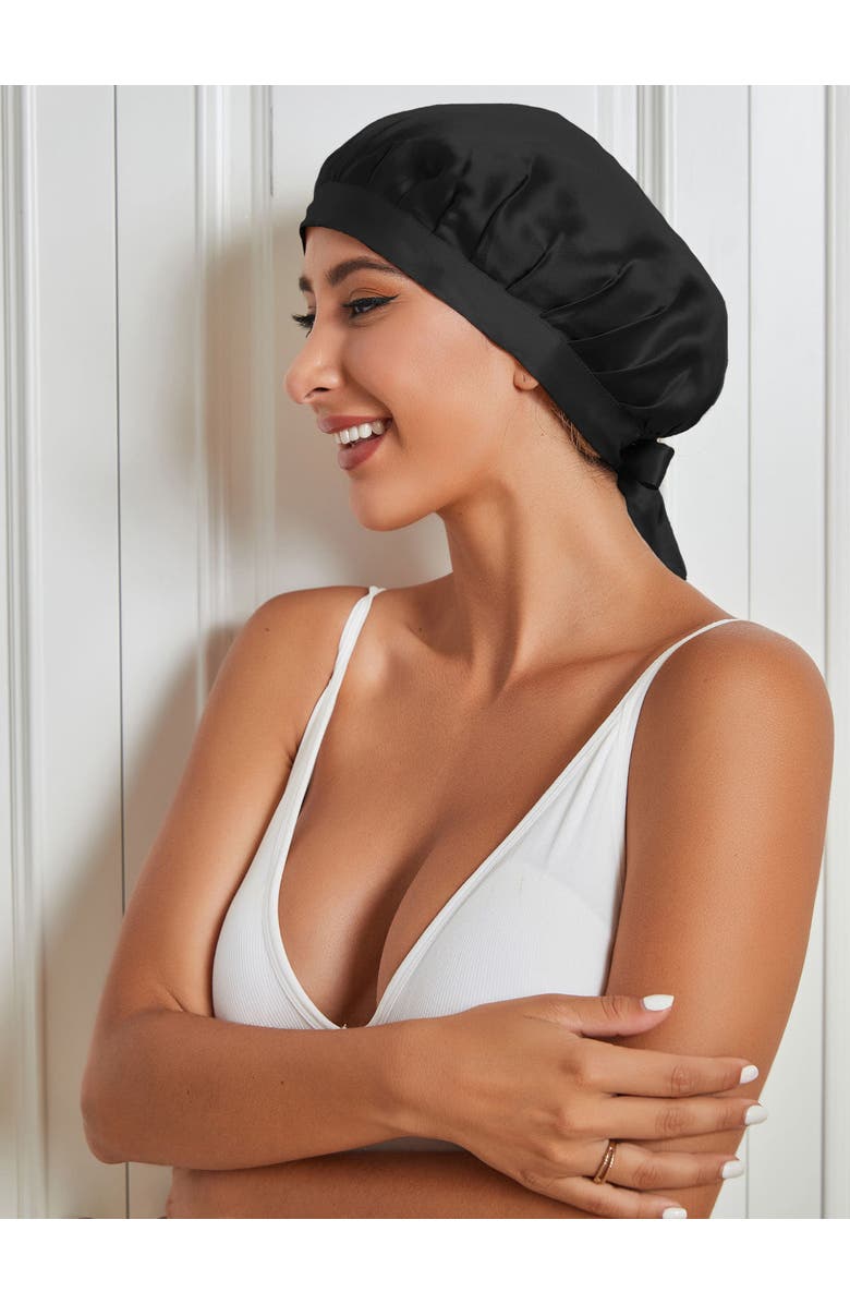 SILKSILKY Pure Silk Classic Ribbon Bonnet, Alternate, color, Black