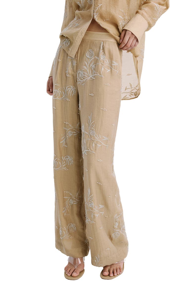 Beaded Floral Embroidered High Rise Pants, Main, color, BEIGE