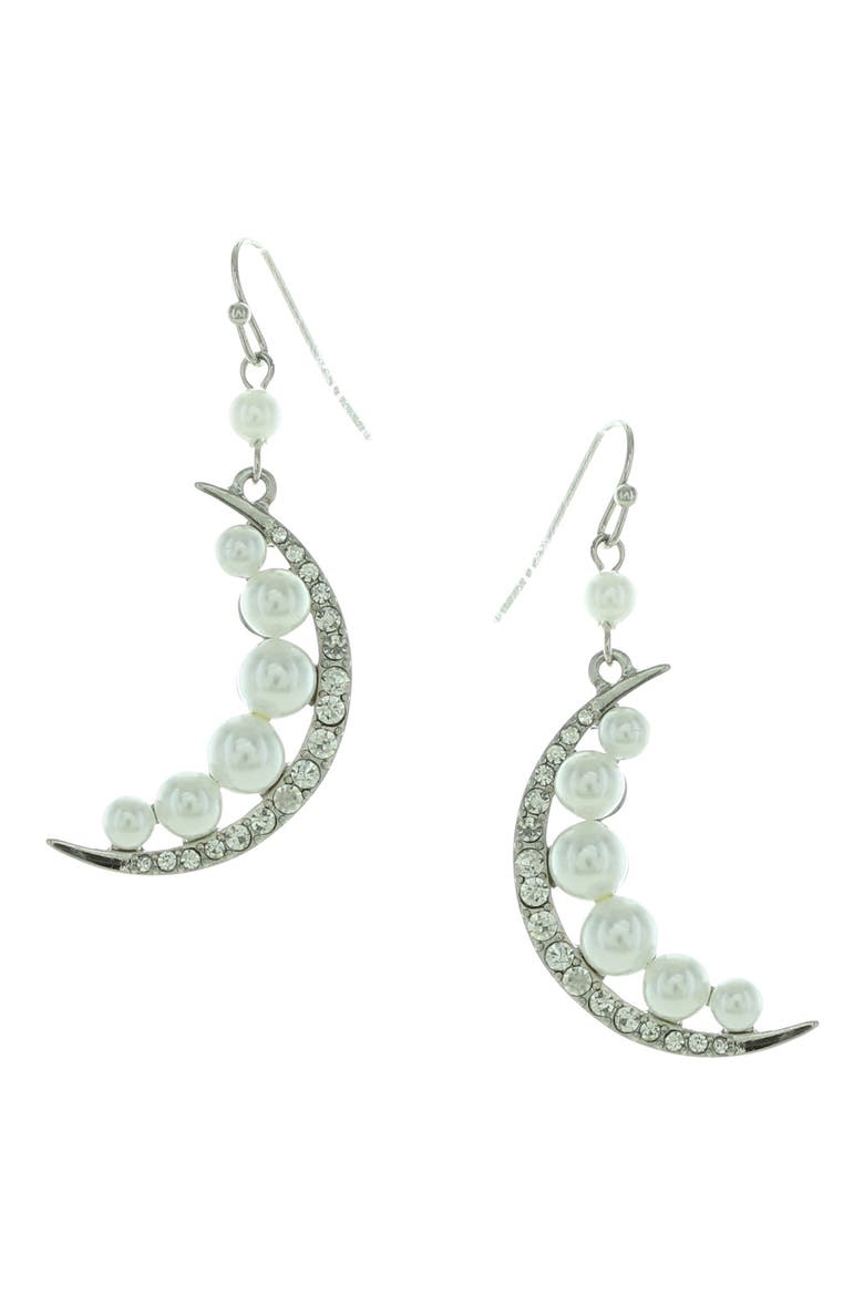 Veida Imitation Pearl Crescent Moon Earrings, Main, color, SILVER/WHITE