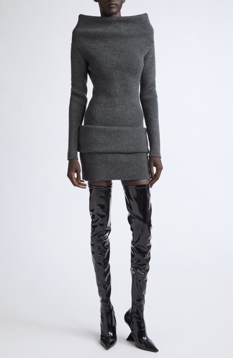 Off the Shoulder Rib Wool Minidress