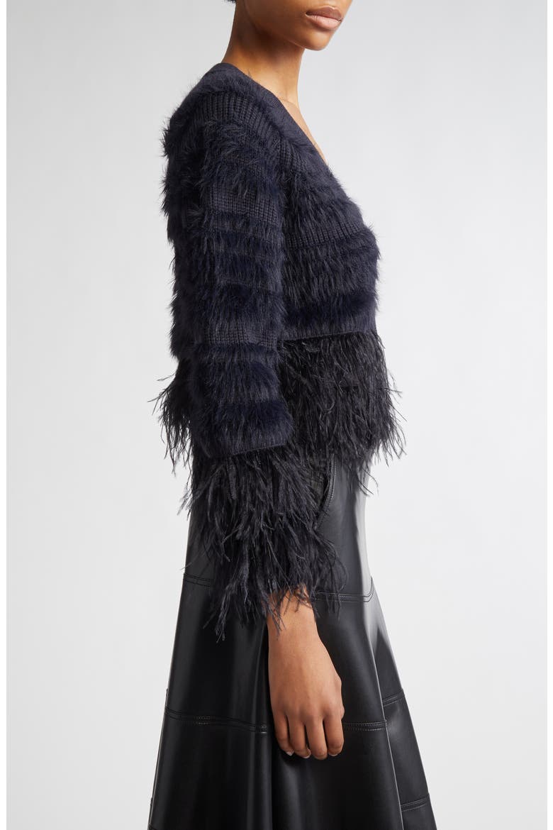 Vida Faux Feather Trim Wool Blend Cardigan, Alternate, color, NAVY