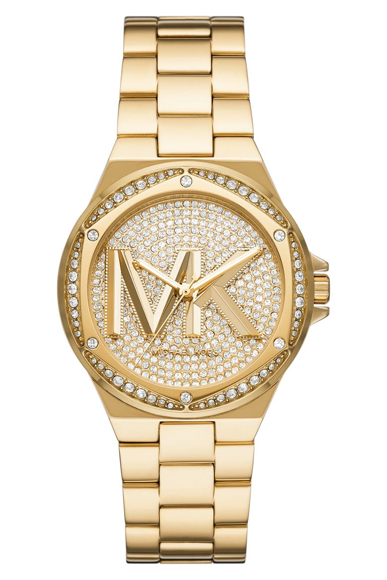 MICHAEL Michael Kors Lennox Logo Pavé Bracelet Watch, 37mm, Main, color, GOLD