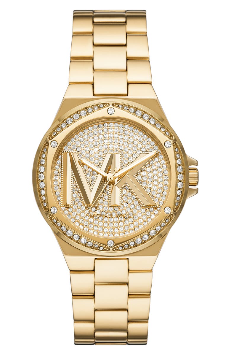 Michael Kors MICHAEL Michael Kors Lennox Logo Pavé Bracelet Watch, 37mm, Main, color, Gold