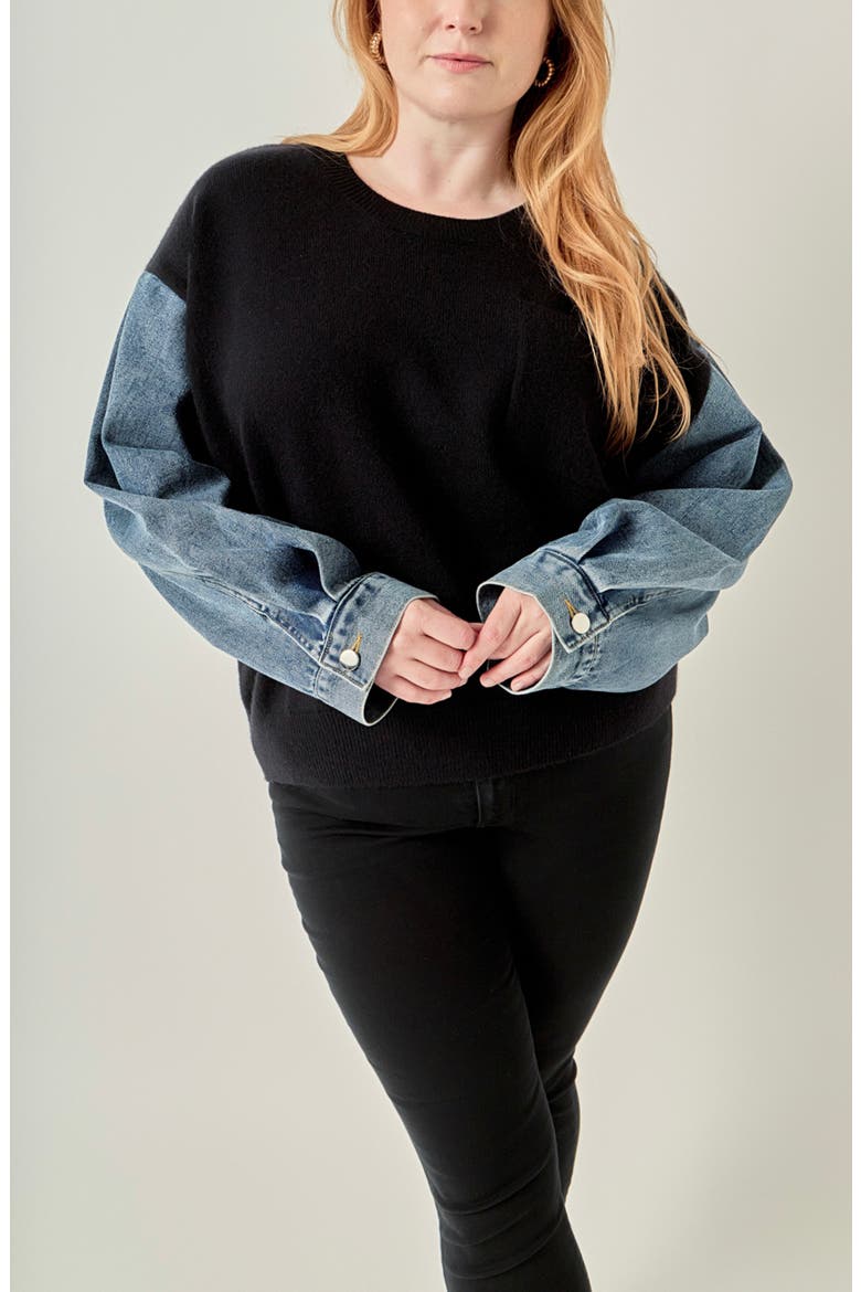 Denim Combo Sleeve Sweater, Alternate, color, BLACK / DENIM