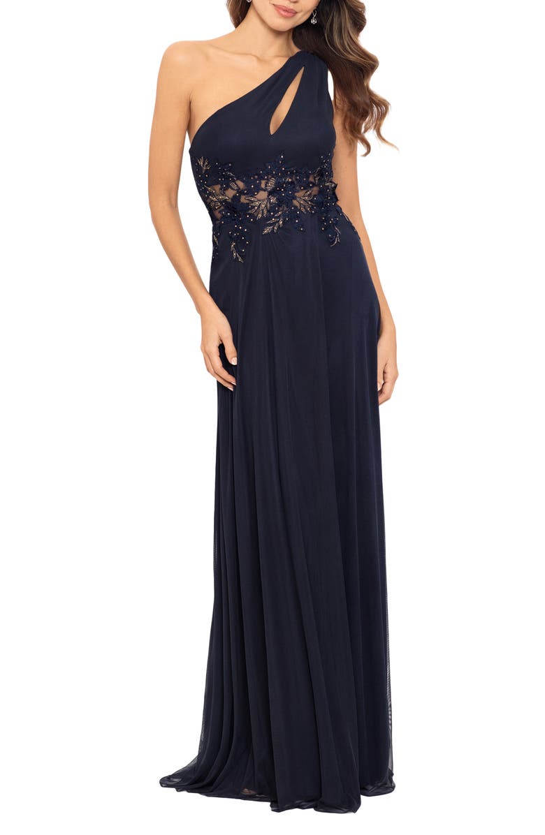 Betsy & Adam Bead Appliqué One-Shoulder Mesh Gown, Main, color, 