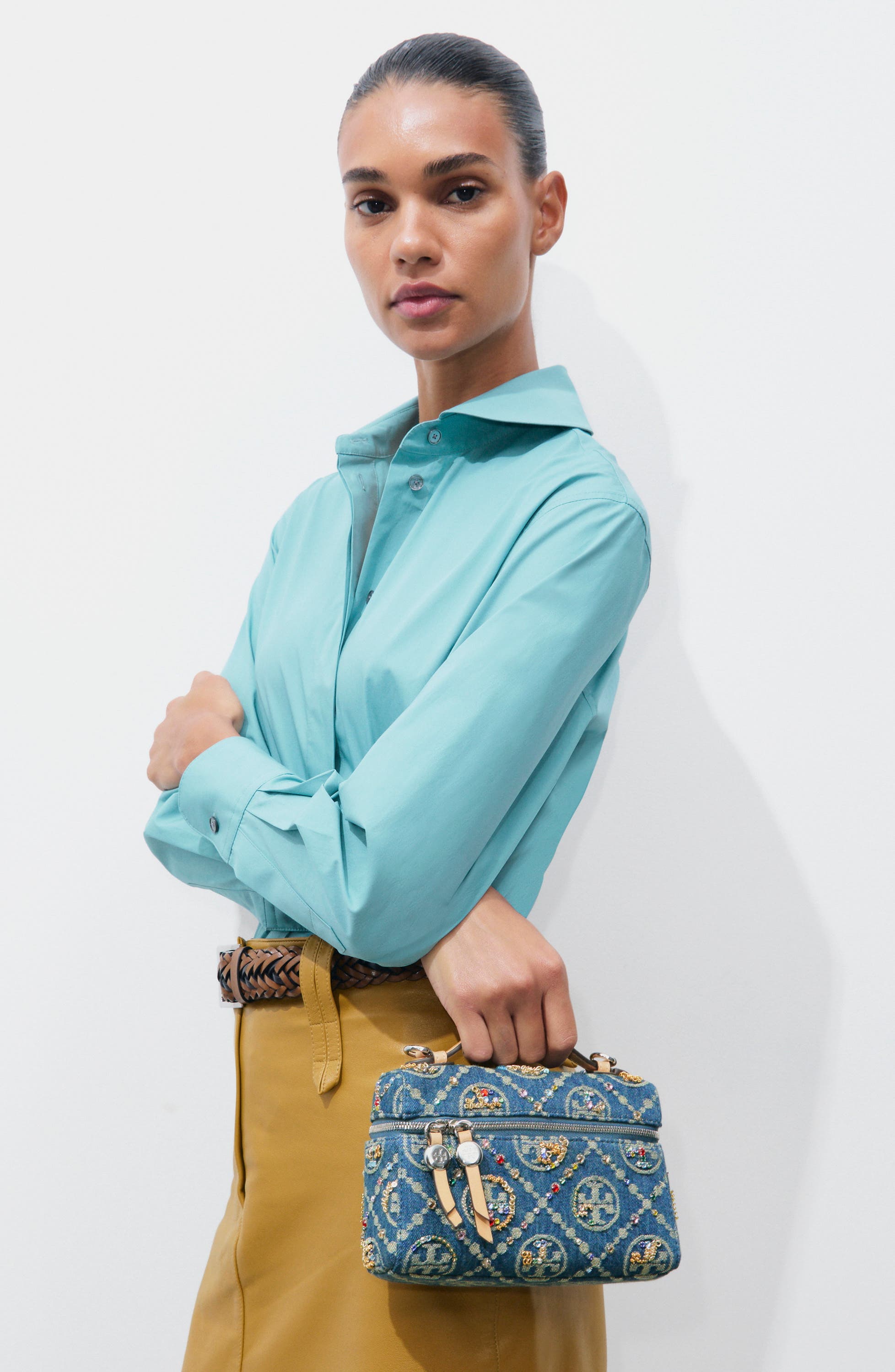 Romy T Monogram Embellished Denim Slim Handbag, Alternate, color, DEEP ROYAL