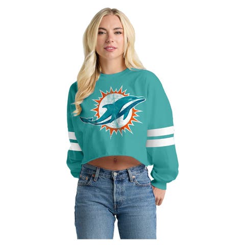 Women's Spirit Jersey  Aqua Miami Dolphins Oversized Cropped Stripe Long Sleeve T-Shirt