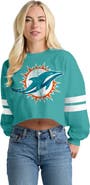 SPIRIT JERSEY Women's Spirit Jersey  Aqua Miami Dolphins Oversized Cropped Stripe Long Sleeve T-Shirt