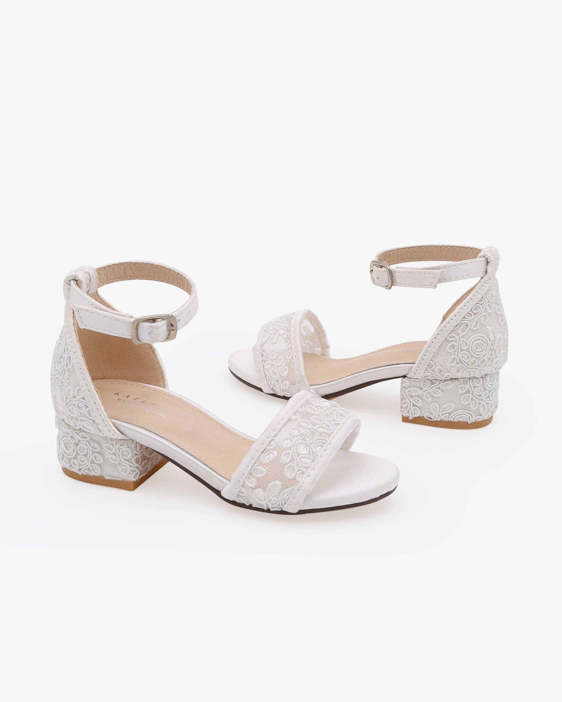 Kailee P Lily Crochet Lace Low Block Heel Girls Sandals, Alternate, color, White