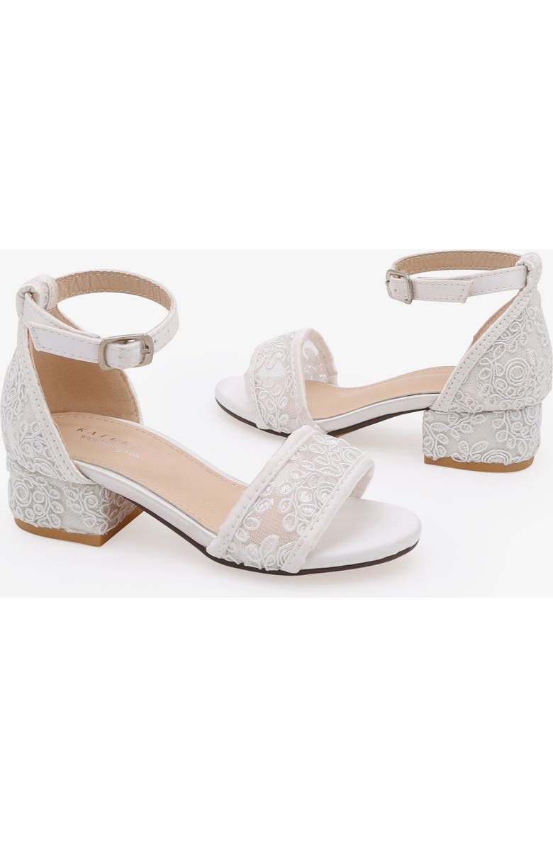 Kailee P Lily Crochet Lace Low Block Heel Girls Sandals, Alternate, color, White