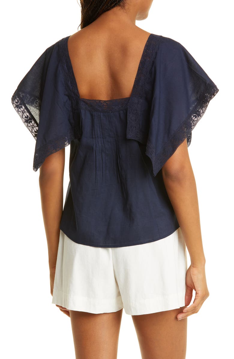 Rebecca Taylor Lace Inset Cotton Top, Alternate, color, Marine Blue
