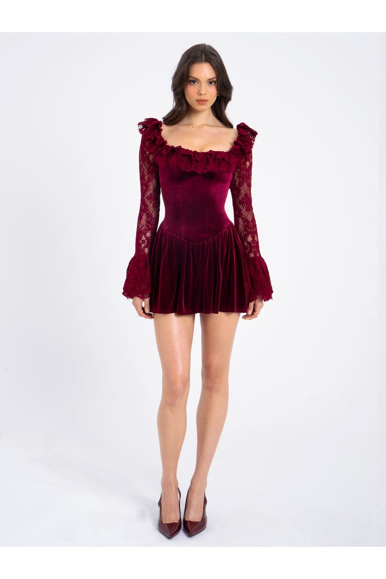 Yachira Velvet Lace Flare Sleeve Mini Dress, Alternate, color, Burgundy