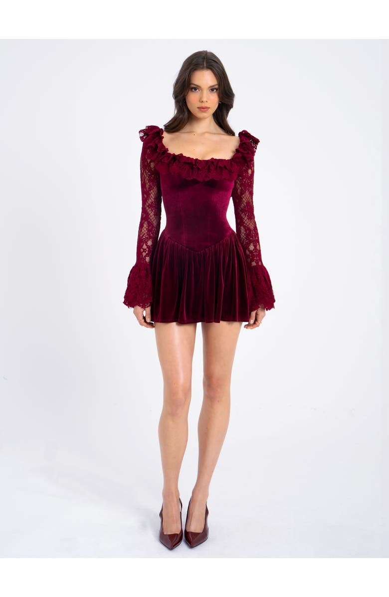 Miss Circle Yachira Velvet Lace Flare Sleeve Mini Dress, Alternate, color, Burgundy