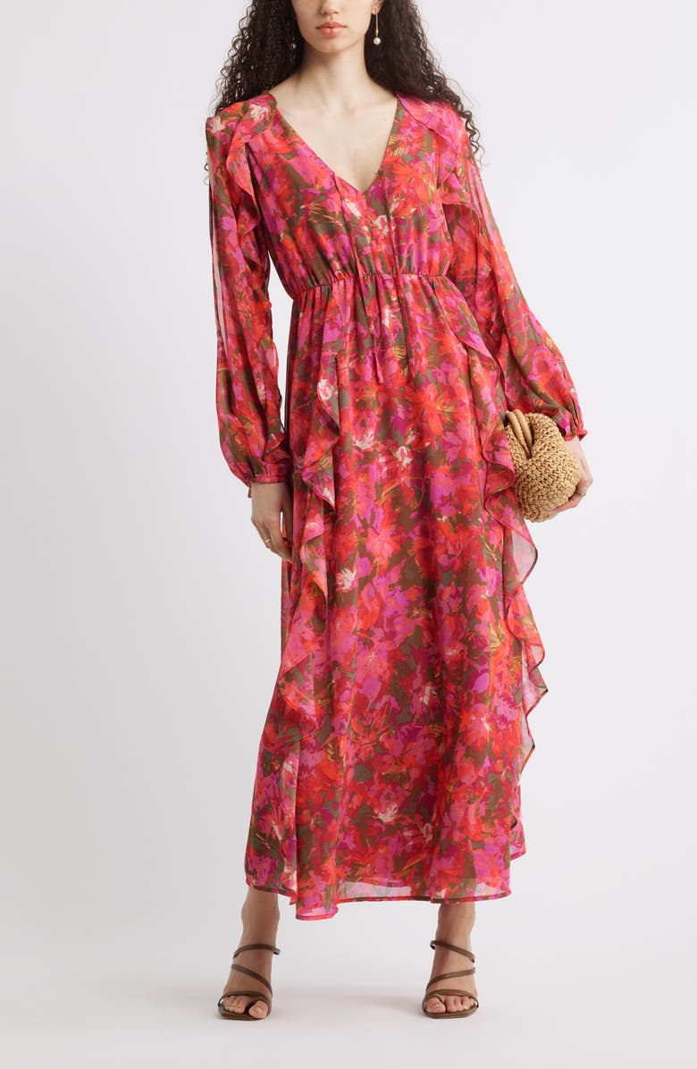 Chelsea28 Ruffle Print Long Sleeve Maxi Dress, Alternate, color, Pink- Green Sana Bloom
