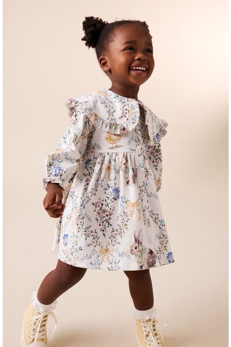 Kids' Floral Long Sleeve Cotton Dress, Alternate, color, CREAM