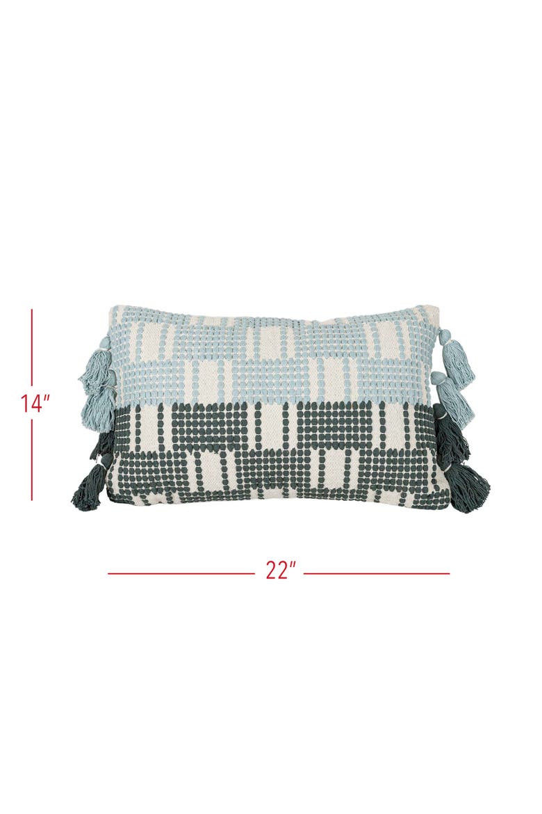 Hand Woven Tasseled Lumbar Pillow Turquoise Cotton With Polyester Fill, Alternate, color, Blue