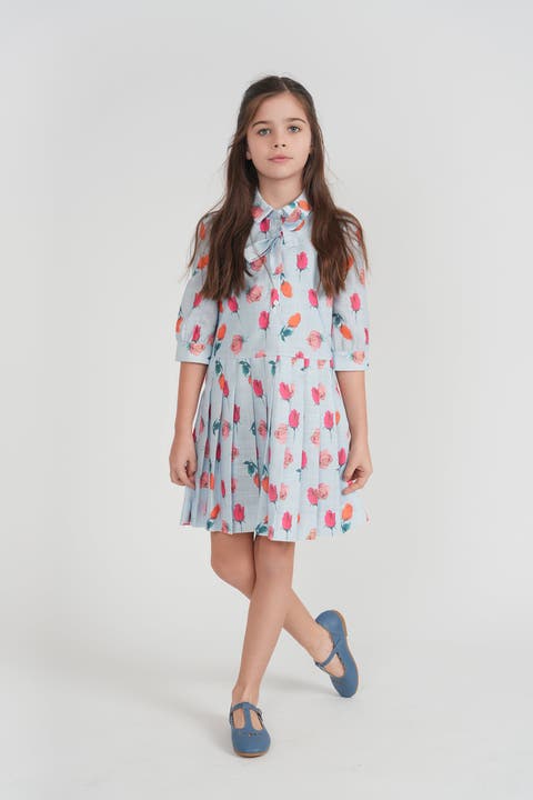 Girls Rose Print Loose-Fit Pleated Dress