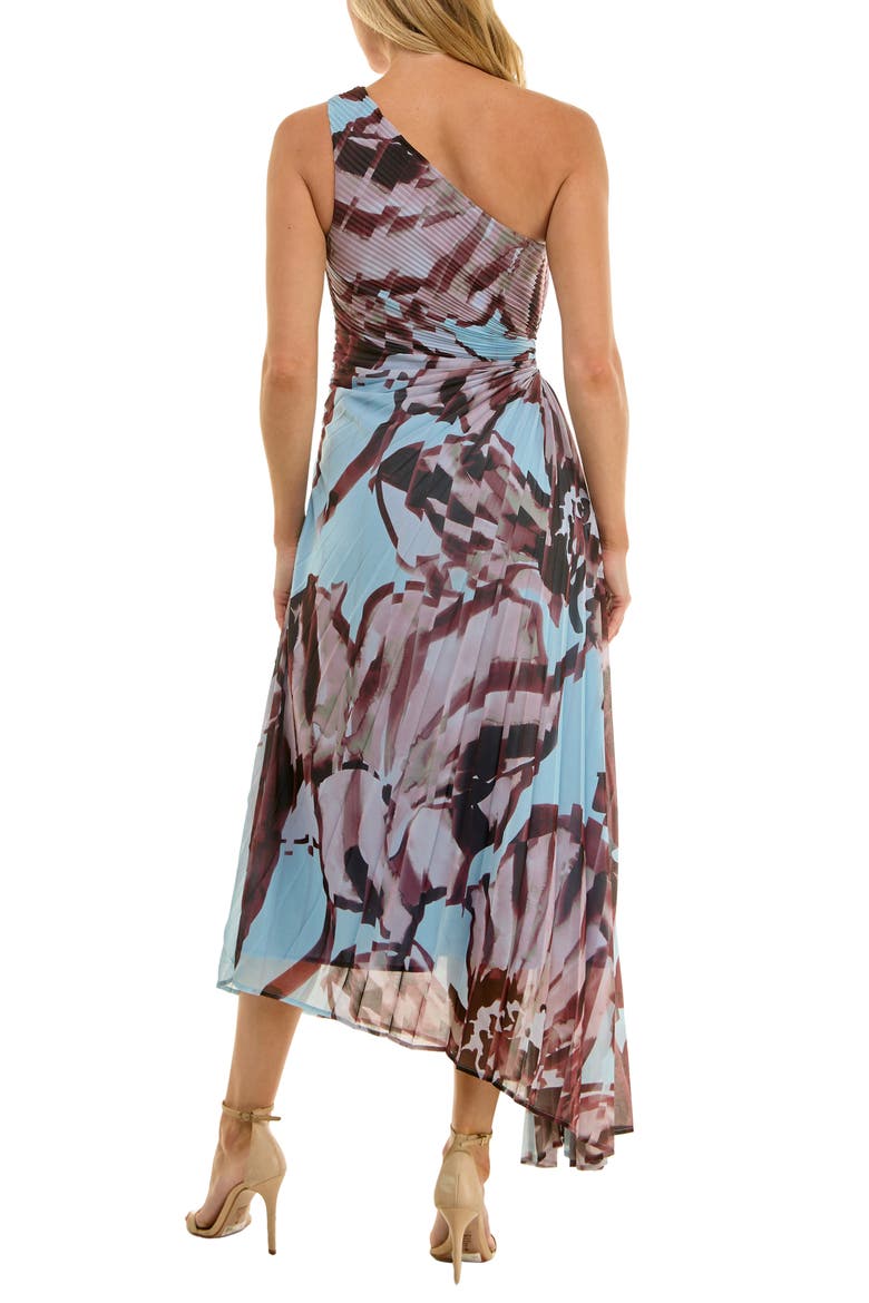 Floral Metallic Stripe One-Shoulder Pleated Dress, Alternate, color, BLUE/ BROWN