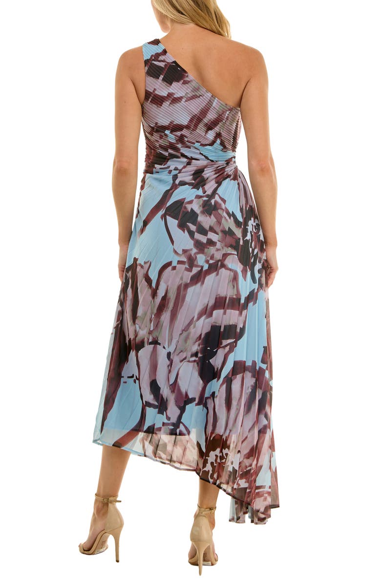 Socialite Floral Metallic Stripe One-Shoulder Pleated Dress, Alternate, color, Blue/ Brown