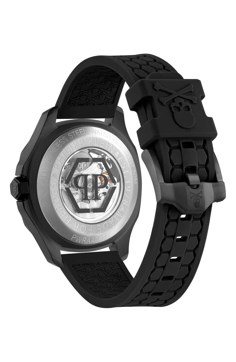 PHILIPP PLEIN Skeleton Spectre Silicone Strap Watch, 42mm, Alternate, color, Ip Black