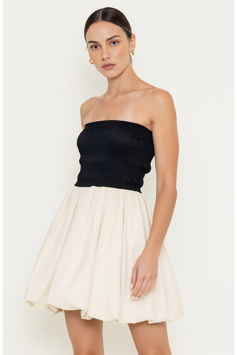 Strapless Bubble Hem Mini Dress with Smocked Bodice, Alternate, color, Black / Cream