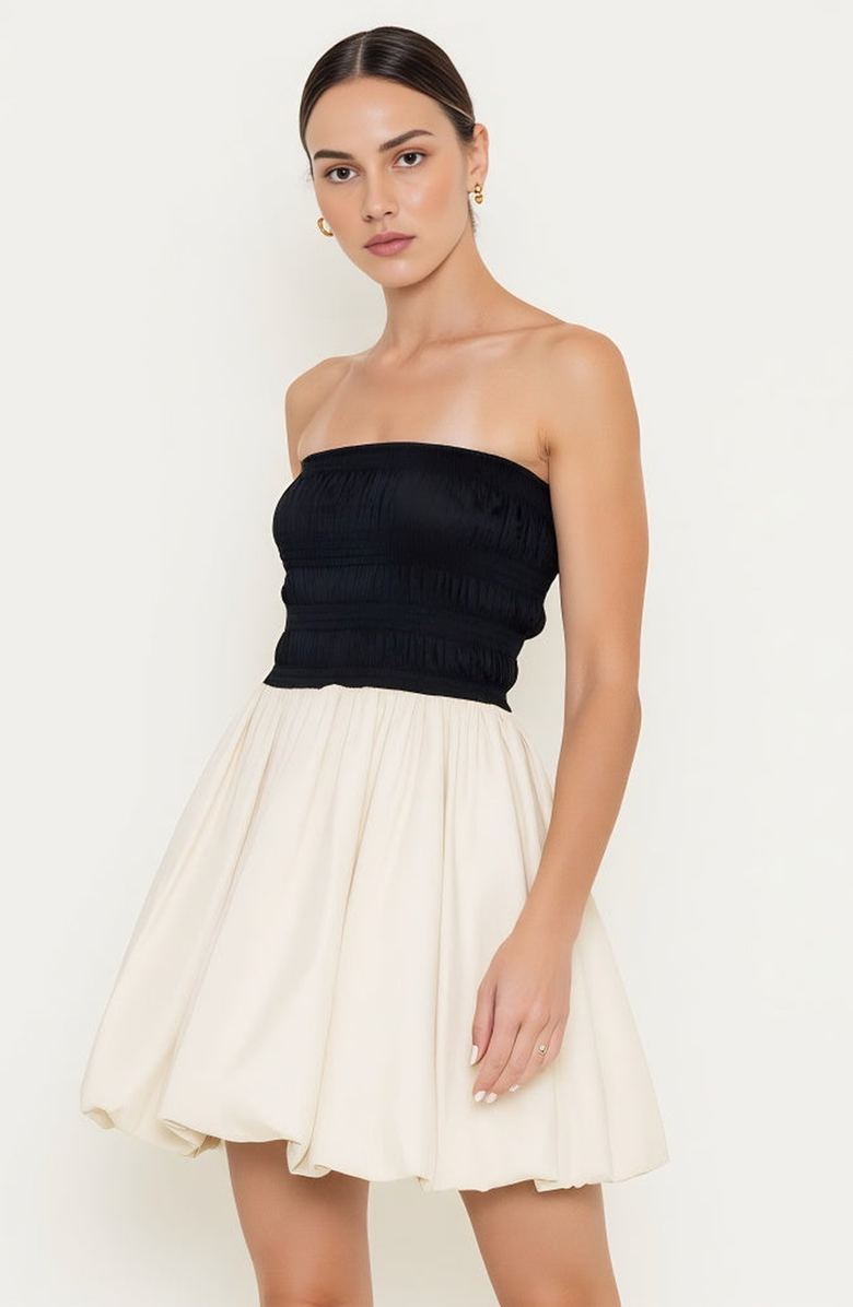 Modenaire Strapless Bubble Hem Mini Dress with Smocked Bodice, Alternate, color, Black / Cream