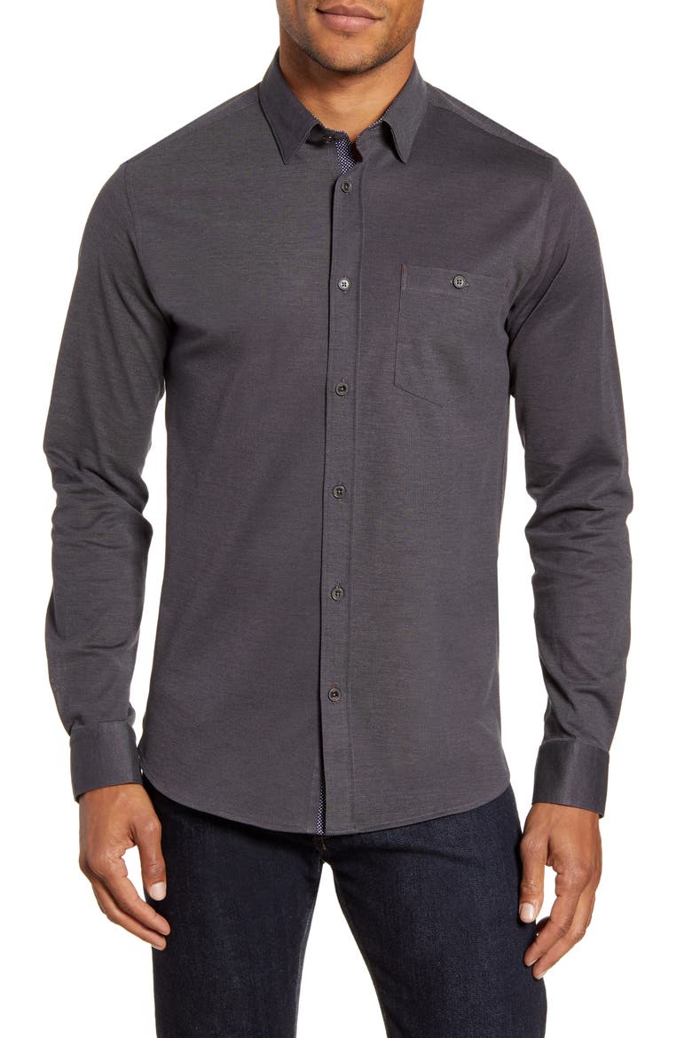 Broader Slim Fit Button-Up Piqué Shirt, Main, color, BLACK