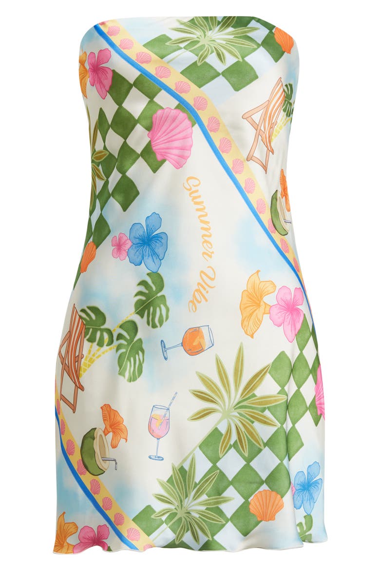 Print Strapless Satin Minidress, Alternate, color, WHITE MULTI