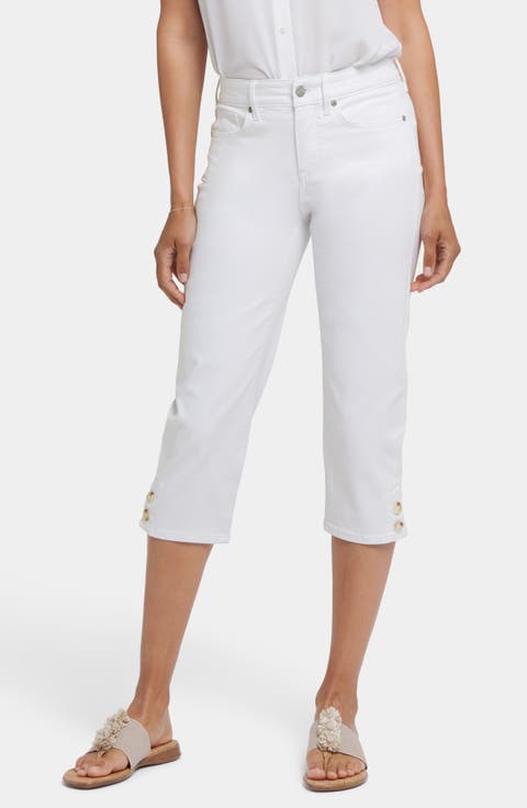 Marilyn Button Hem Straight Leg Capri Jeans (Optic White)