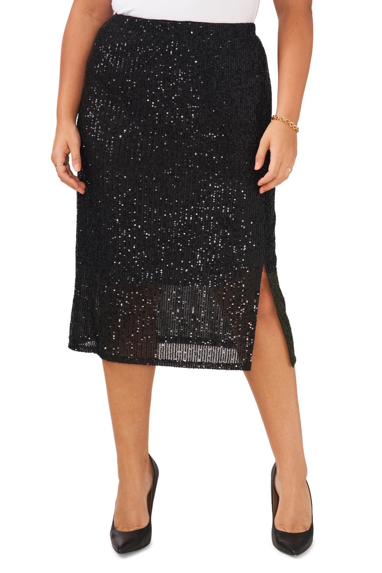 Sequin Slit Hem Midi Skirt, Main, color, RICH BLACK