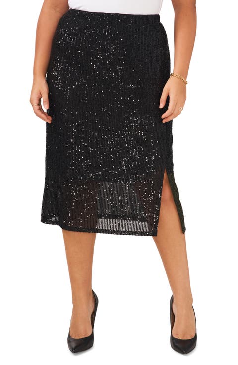 Sequin Slit Hem Midi Skirt (Plus Size)