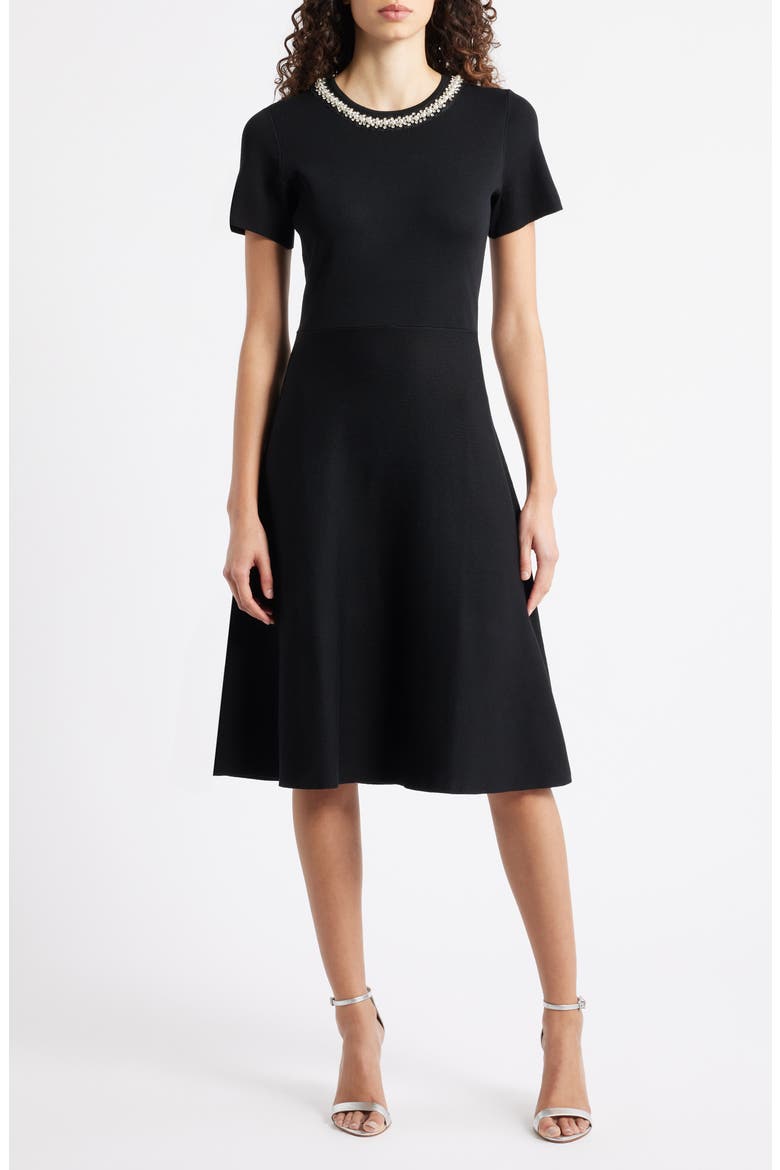 Embellished Knit Fit & Flare Dress, Main, color, BLACK
